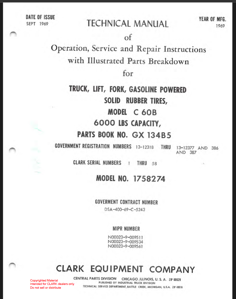 Clark C60B Truck, Lift, Fork, Gasoline Powered Solid Rubber Tires Technical Manual (GX134B5)