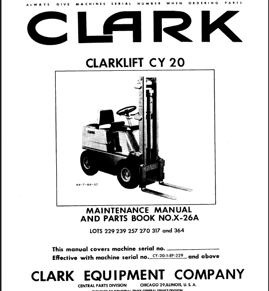 Clark Clarklift CY20 Forklift Parts Manual (X26A)