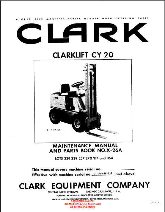 Clark Clarklift CY20 Forklift Parts Manual (X26A)