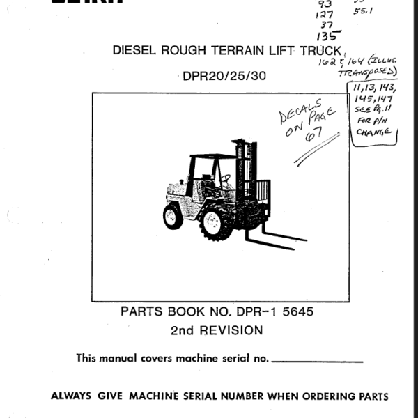 Clark DPR20, DPR25, DPR30 Diesel Rough Terrain Lift Truck Parts Manual (DPR-1 5645 2nd Rev)