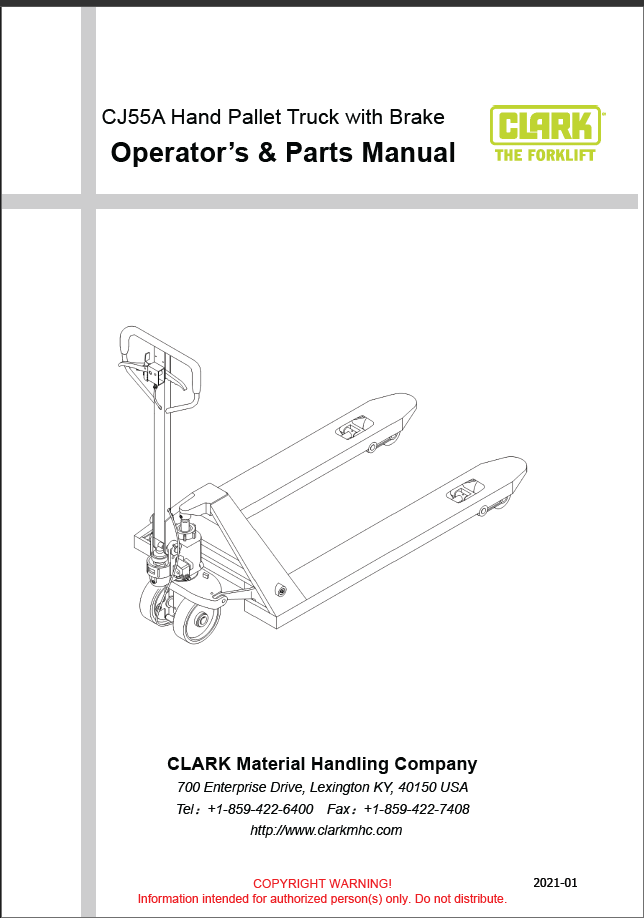 Clark CJ55A Hand Pallet Truck with Brake Operator and Parts Manual