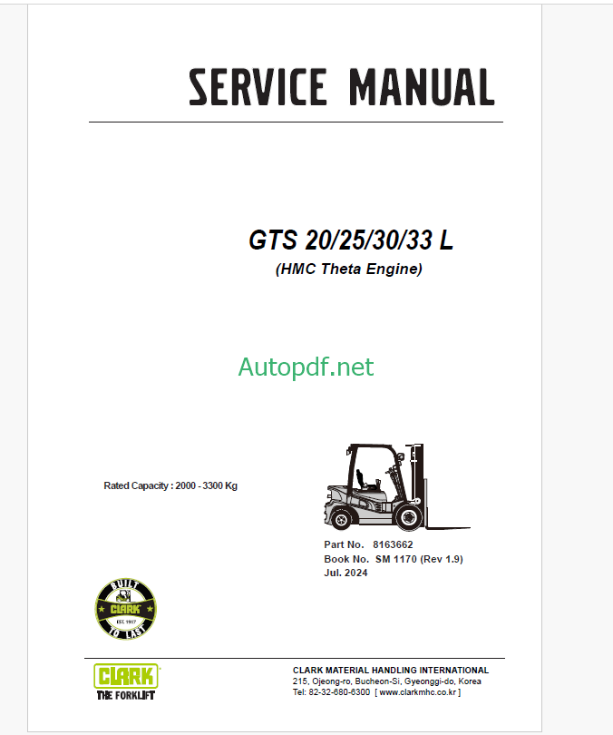 Clark GTS20, GTS25, GTS30, GTS33L HMC Theta Engine Forklift Service Manual (SM1170)