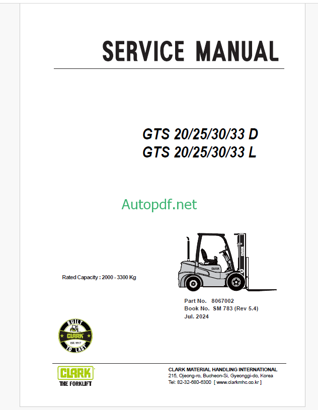 Clark GTS20d, GTS25d, GTS30d, GTS33d, GTS20L, GTS25L, GTS30L, GTS33L Engine Forklift Service Manual (SM783)
