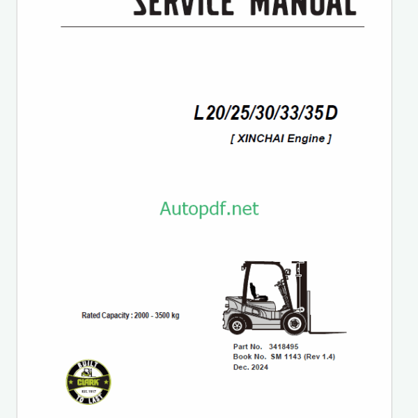 Clark L20, L25, L30, L33, L35 L HMC Theta 2.4 Engine Forklift Service Manual (SM1147)