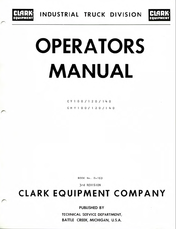 Clark CY100, CY120, CY140, CHY100, CHY120, CHY140 Forklift Operators Manual (O-153)