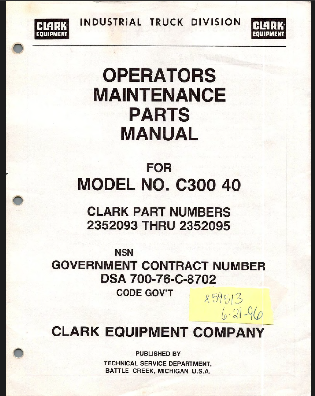 Clark C300-40 Forklift Operators, Maintenance and Parts Manual (2352093-95)