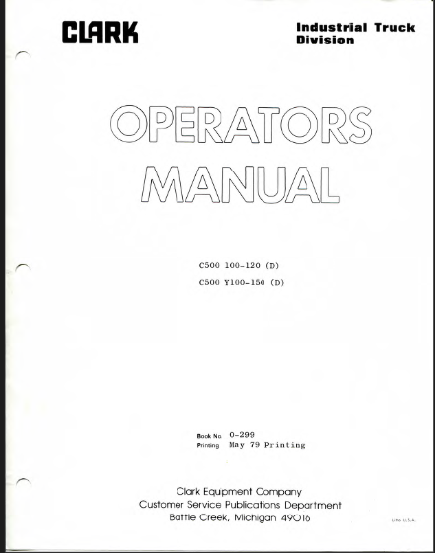 Clark C500-100, C500-120 D, C500-Y100, C500-Y150 D Forklift Operators Manual (O-299)