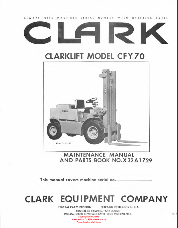 Clark Clarklift CFY70 Forklift Parts Manual (X32A1)