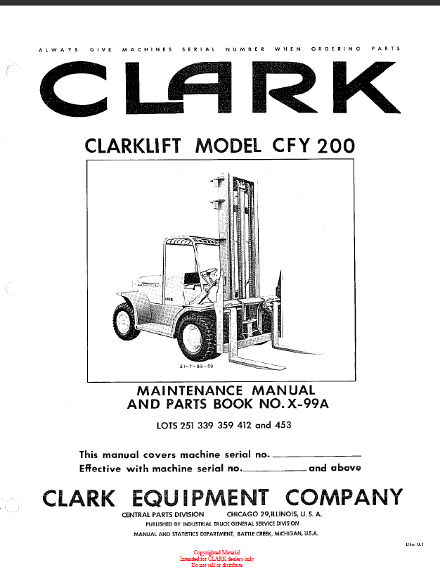 Clark Clarklift CFY200 Forklift Parts Manual (X-99A)