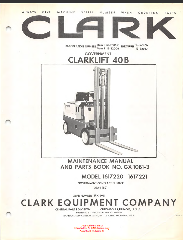 Clark Clarklift 40B Forklift Parts Manual (GX10B1-3)