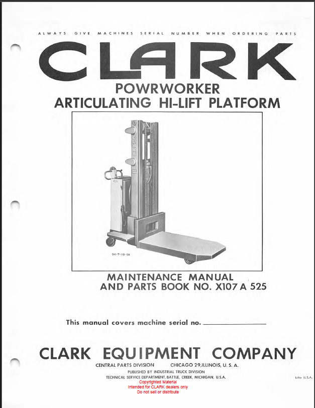 Clark Articulating Hi-Lift Platform Parts Manual (X107A)