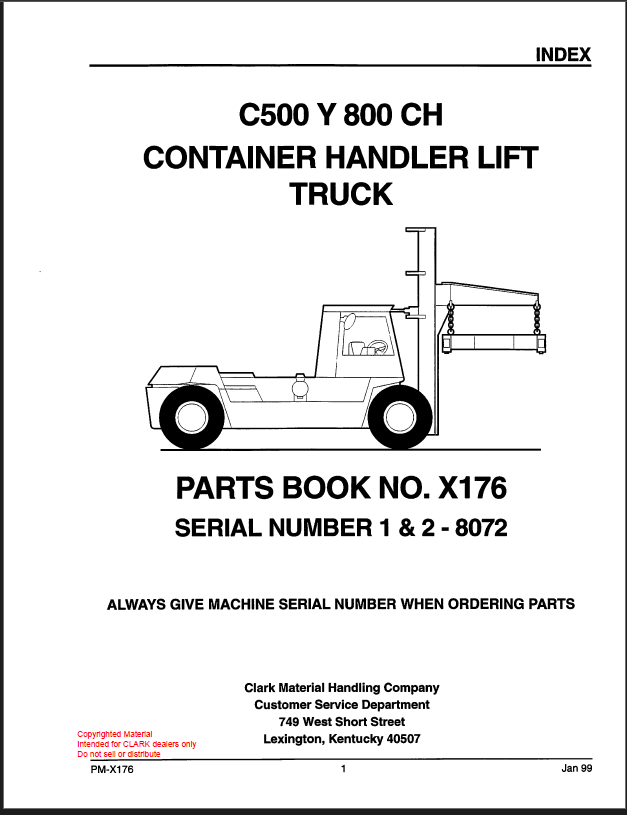 Clark C500 Y 800CH Container Handler Lift Truck Parts Manual (X176)