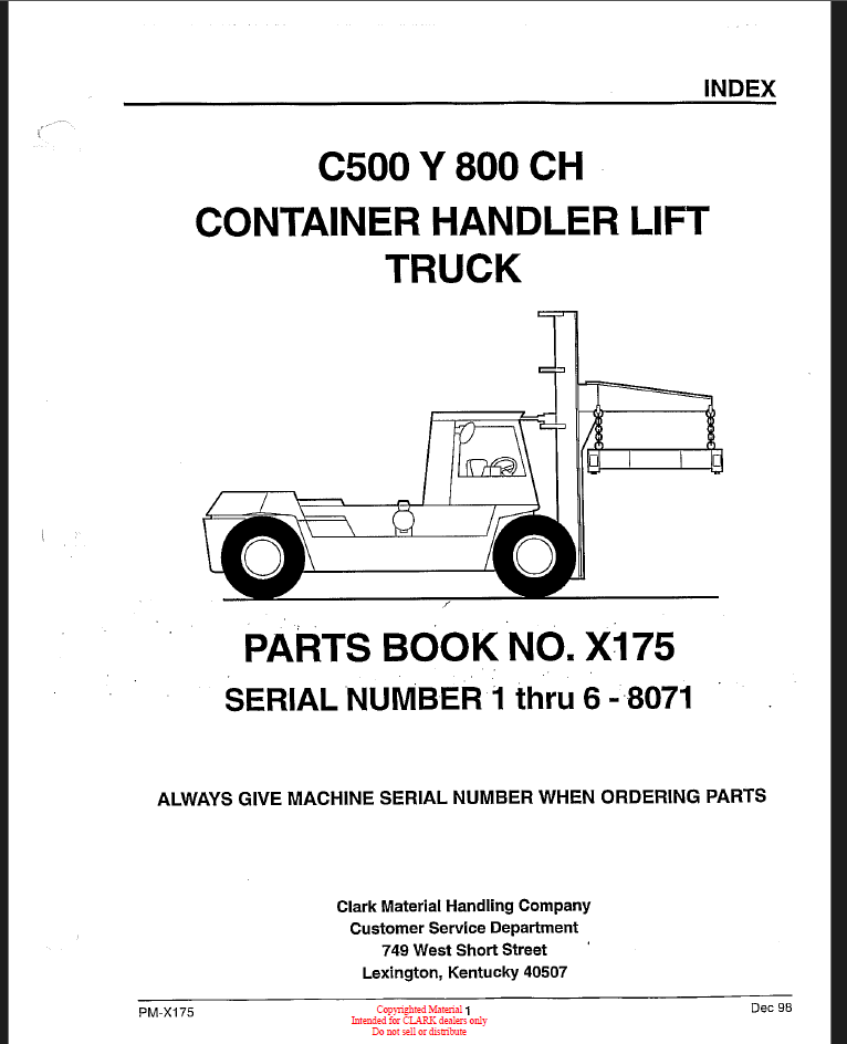 Clark C500 Y 800CH Container Handler Lift Truck Parts Manual (X175)