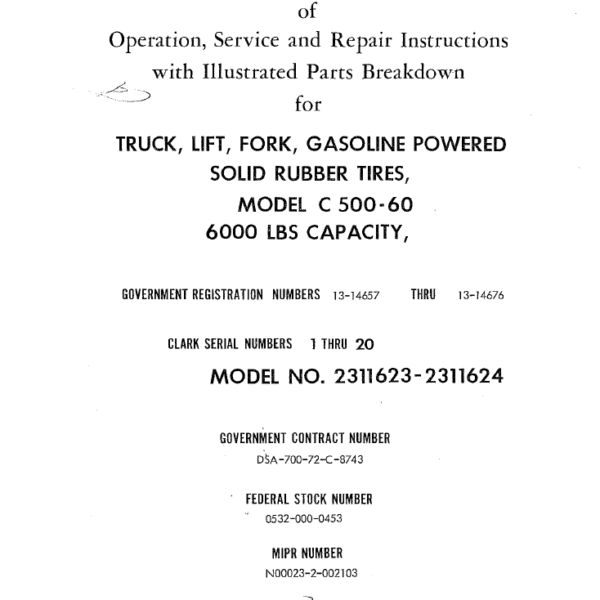 Clark C500-60 Truck, Lift, Fork, Gasoline Powered Solid Rubber Tires Technical Manual (2311623-24)