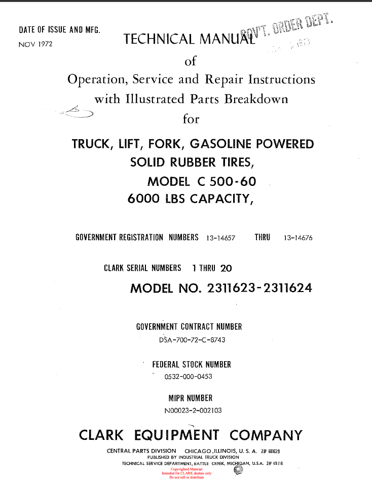 Clark C500-60 Truck, Lift, Fork, Gasoline Powered Solid Rubber Tires Technical Manual (2311623-24)