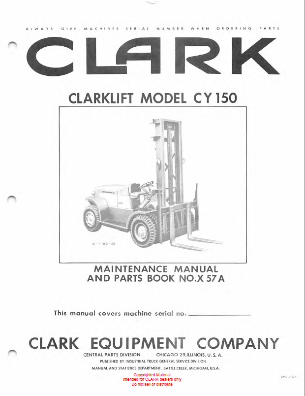 Clark Clarklift Model CY150 Forklift Parts Manual (X57A)