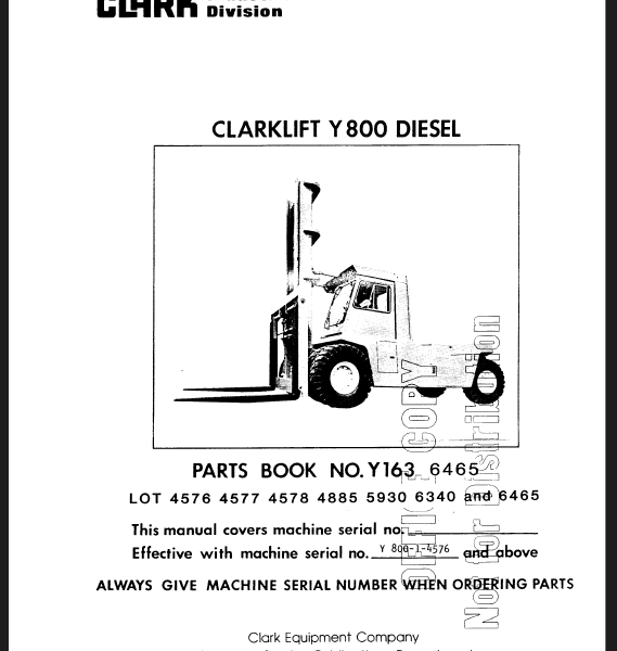 Clark Clarklift Y800 Diesel Forklift Parts Manual (Y163_Y800)