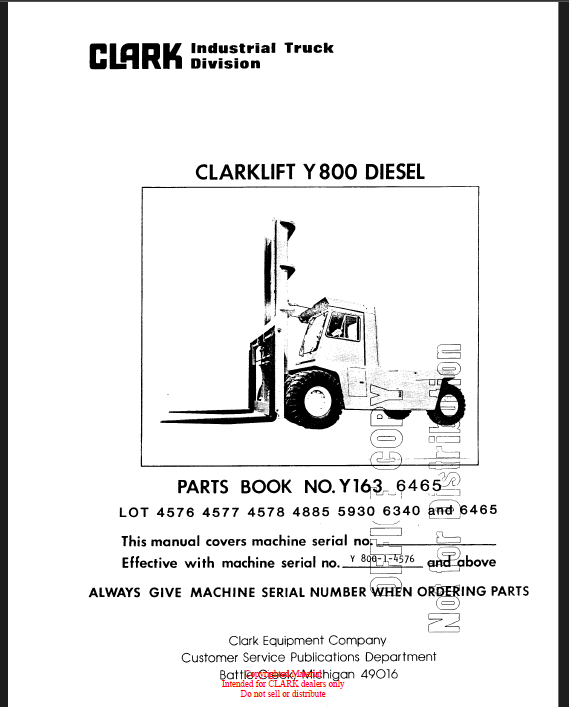 Clark Clarklift Y800 Diesel Forklift Parts Manual (Y163_Y800)