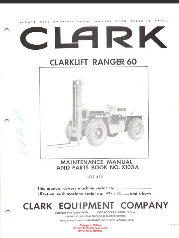 Clark Clarklift Ranger 60 Forklift Parts Manual (X103A)