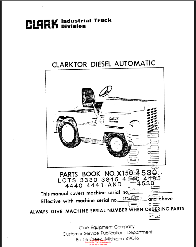 Clark Clarktor Lots 3330, 3815, 4140, 4185, 4440, 4441, 4530 Parts Manual (X150)