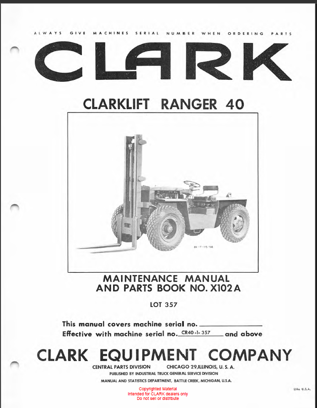Clark Clarklift Ranger 40 Forklift Parts Manual (X102A)