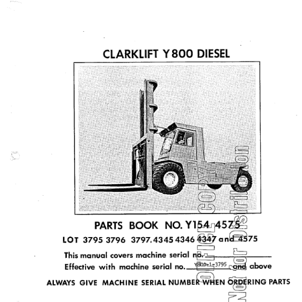 Clark Clarklift Y800 Diesel Forklift Parts Manual (Y154)