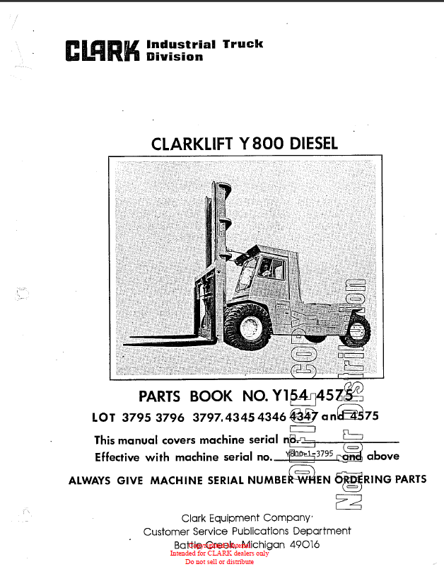 Clark Clarklift Y800 Diesel Forklift Parts Manual (Y154)