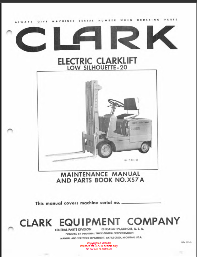 Clark Electric Clarklift Low Silhouette-20 Forklift Parts Manual (XS7A)