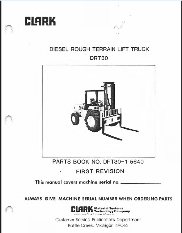 Clark DRT30 Diesel Rough Terrain Lift Truck Parts Manual (DRT30-1)