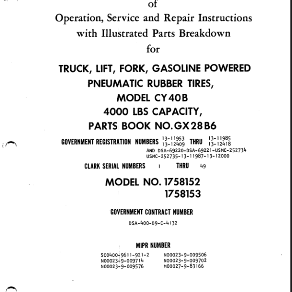 Clark CY40B Truck, Lift, Fork, Gasoline Powered Pneumatic Rubber Tires Technical Manual (GX28B6)