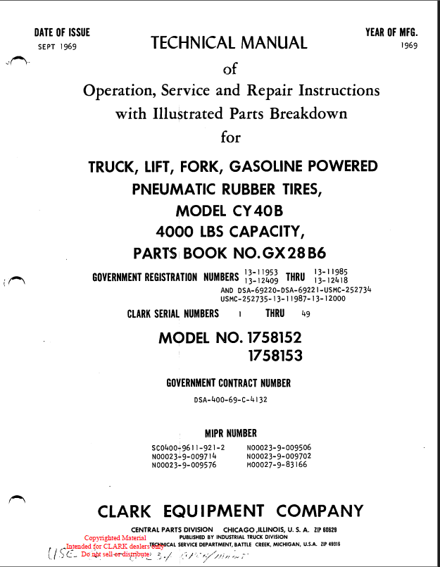 Clark CY40B Truck, Lift, Fork, Gasoline Powered Pneumatic Rubber Tires Technical Manual (GX28B6)