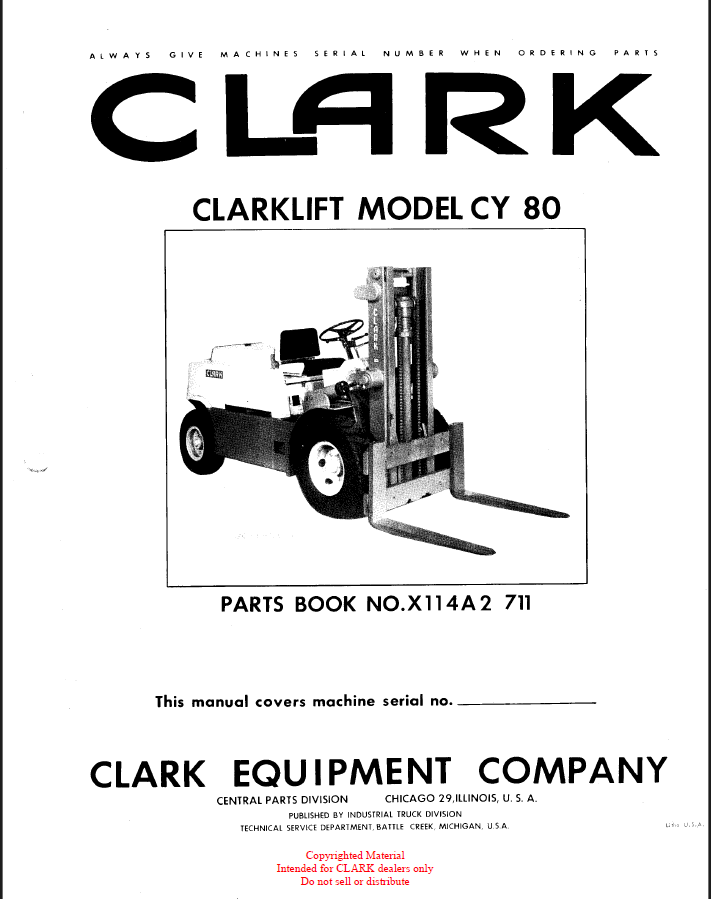 Clark Model CY80 Forklift Parts Manual (X114A2)