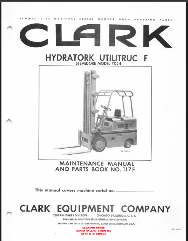 Clark Hydratork Utilitruc F Parts Manual (No. 117F)