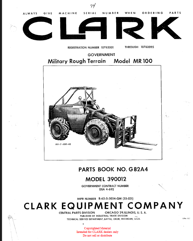 Clark Model MR100 Military Rough Terrain Parts Manual (G82A4)