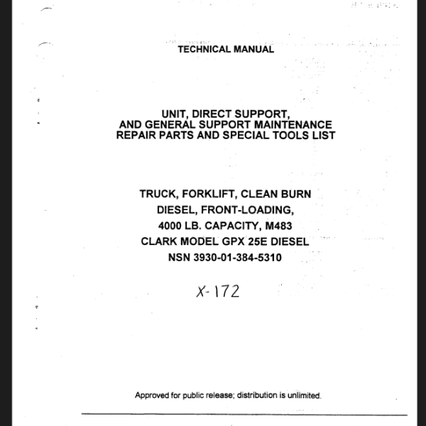 Clark GPX25E Diesel Truck, Forklift, Clean Burn Diesel, Front-Loading Technical Manual (X-172)