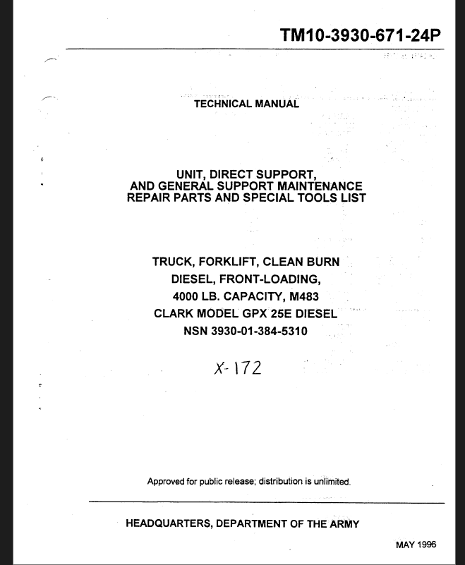 Clark GPX25E Diesel Truck, Forklift, Clean Burn Diesel, Front-Loading Technical Manual (X-172)