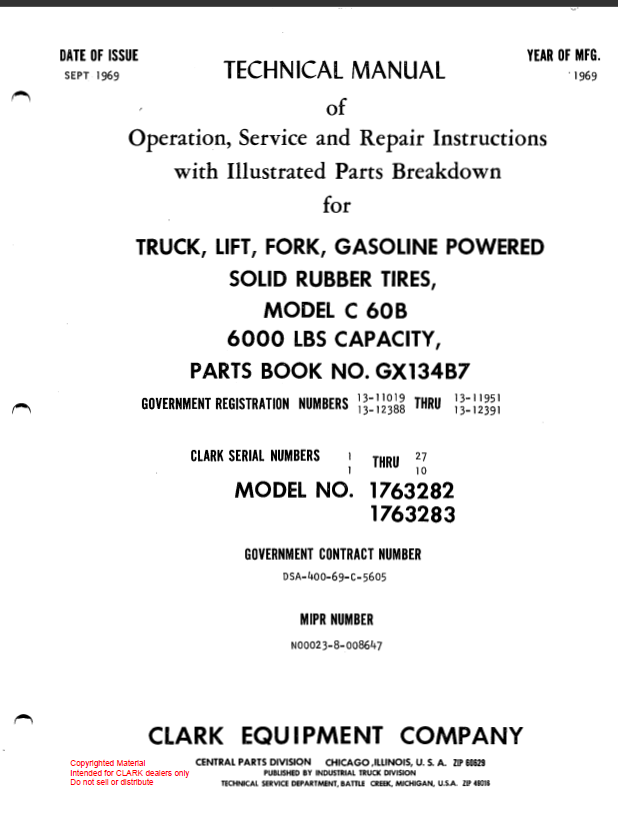 Clark Model C60B Truck, Lift, Fork, Gasoline Powered Solid Rubber Tires Parts Manual (GX134B7)