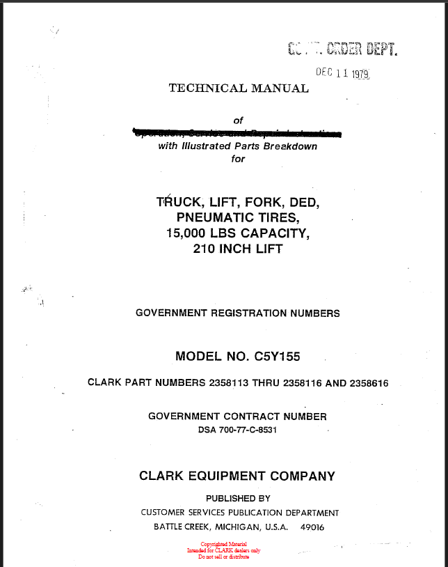 Clark Model C5Y155 Truck, Lift, Fork, Ded, Pneumatic Tires Technical Manual (2358113-16, 2358616)