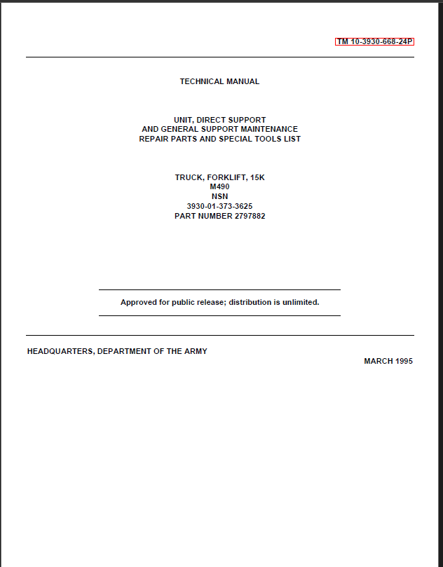 Clark M490, NSN Truck, Forklift Technical Manual (TM_10-3930-668-24P_2797882)