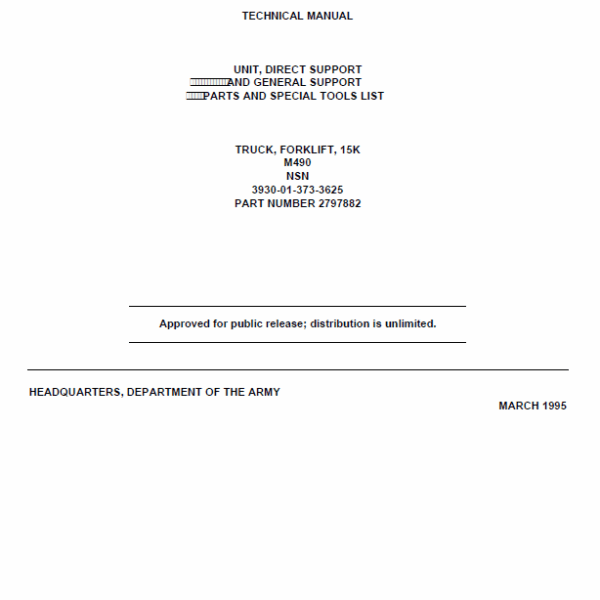 Clark M490, NSN Truck, Forklift 15K Technical Manual (235-2329397_Gov)