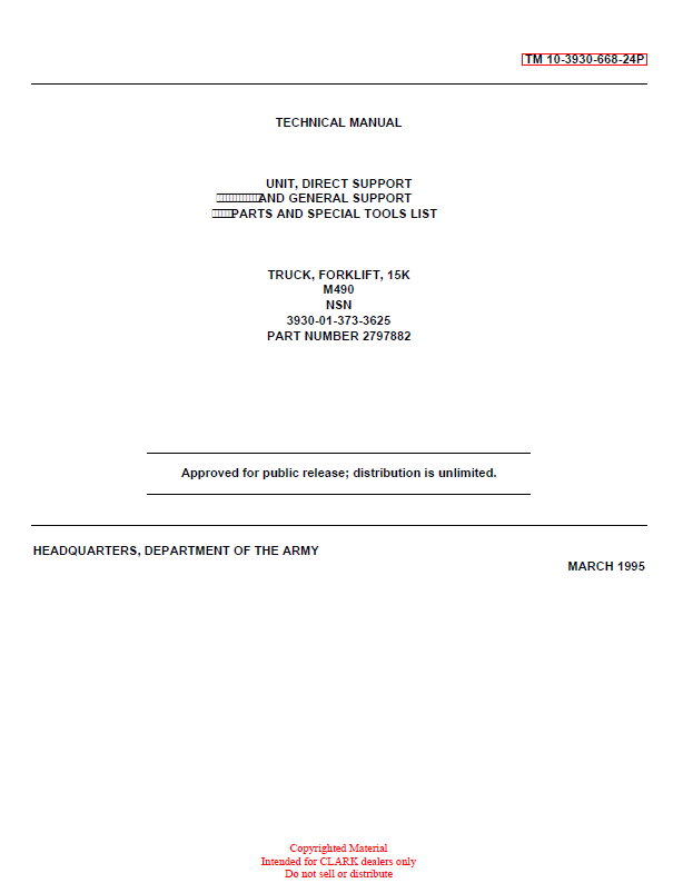 Clark M490, NSN Truck, Forklift 15K Technical Manual (235-2329397_Gov)