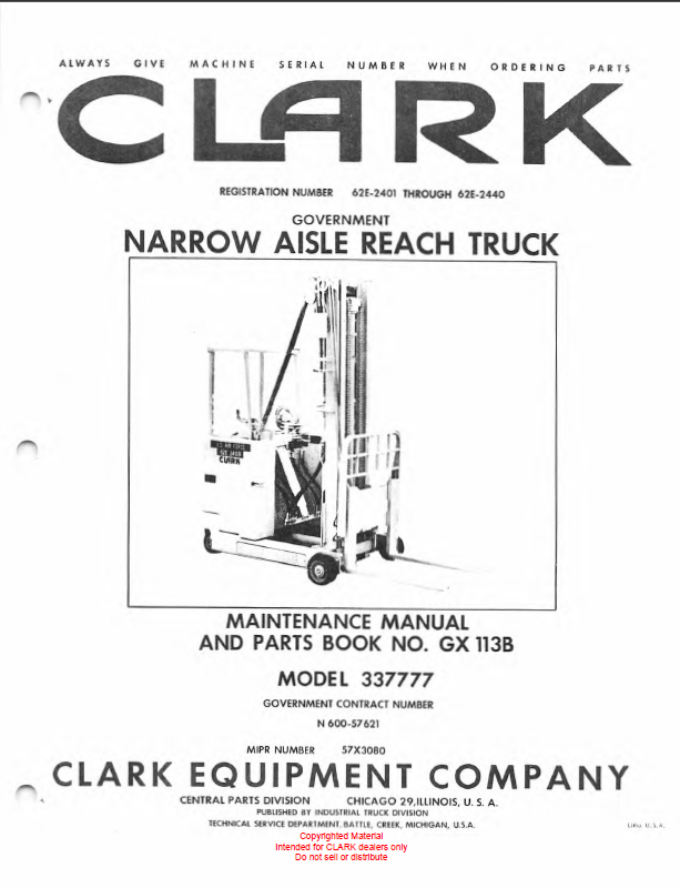 Clark Narrow Aisle Reach Truck Parts Manual (GX113B)