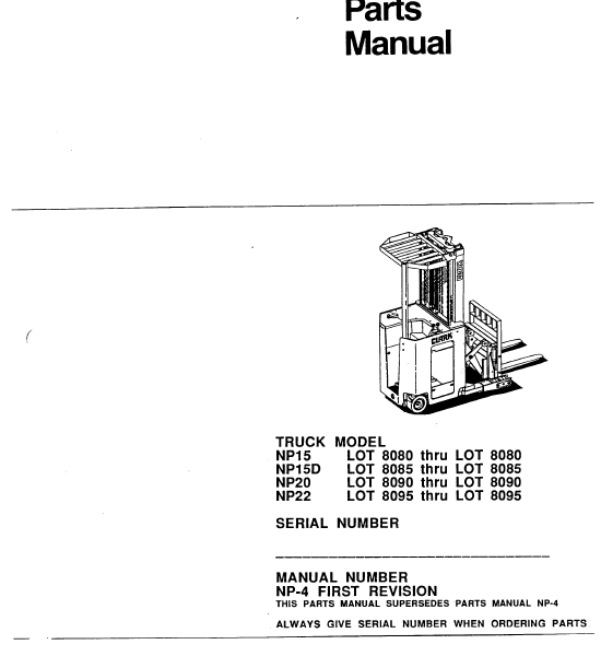 Clark NP15, NP15D, NP20, NP22 Reach Truck Parts Manual (NP-4_FIRST_REV)