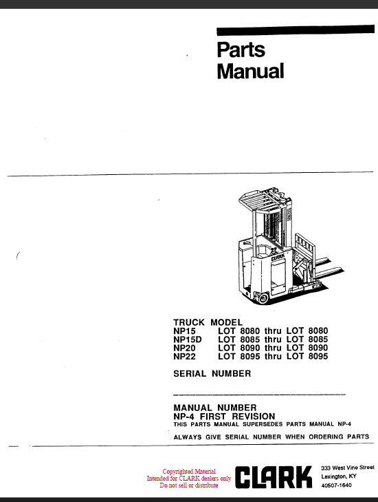 Clark NP15, NP15D, NP20, NP22 Reach Truck Parts Manual (NP-4_FIRST_REV)