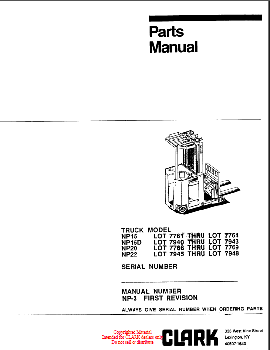 Clark NP15, NP15D, NP20, NP22 Reach Truck Parts Manual (NP-3_1ST_REV)