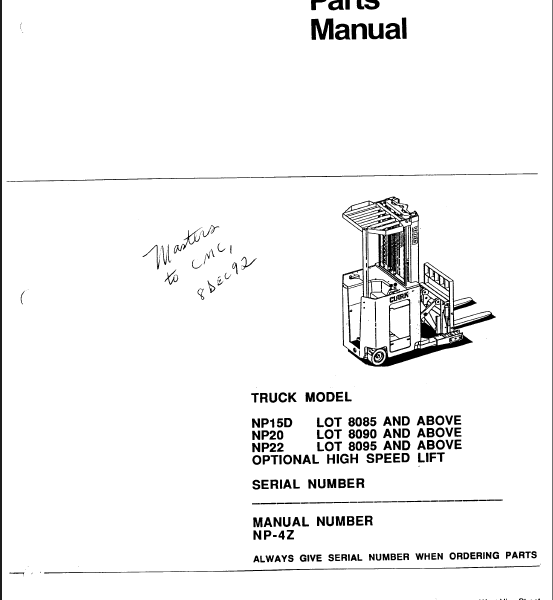 Clark NP15D, NP20, NP22 High Speed Lift Parts Manual (NP-4Z)