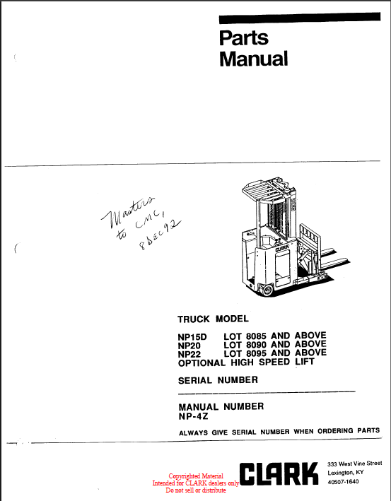 Clark NP15D, NP20, NP22 High Speed Lift Parts Manual (NP-4Z)