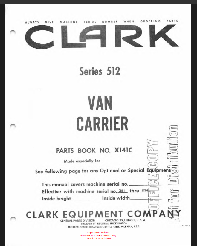 Clark Series 512 Van Carrier Parts Manual (X141C)