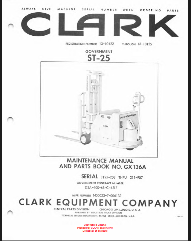 Clark ST25 Forklift Parts Manual (GX136A)