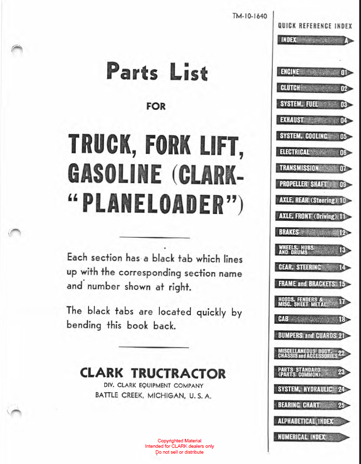Clark Truck, Forklift, Gasoline Clark Planeloader Parts Manual (TM-10-1640)